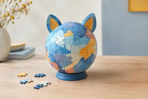 Puzzle 3D en sphère bleue avec oreilles en carton, assemblé sur son socle et posé sur une table claire.