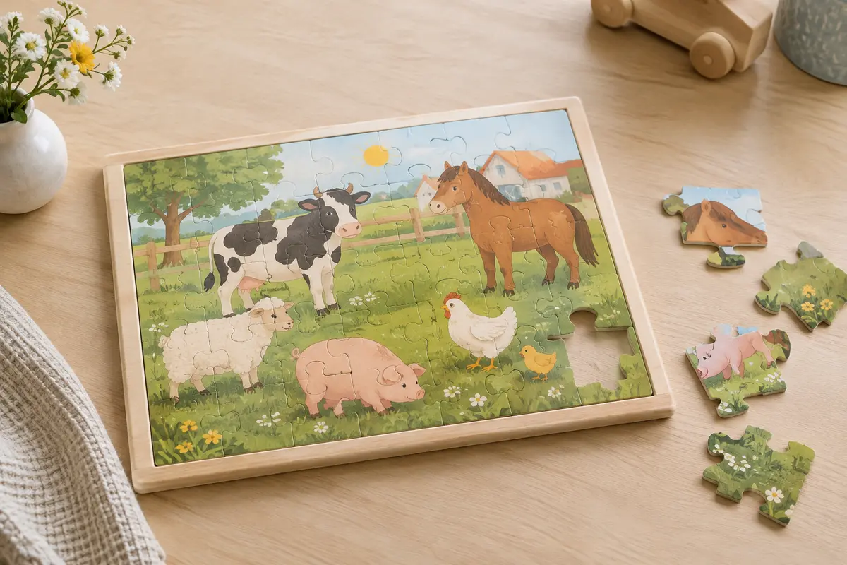 Puzzle cadre de 15 pièces représentant des animaux de la ferme au pré, posé sur une table en bois clair.
