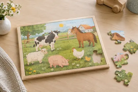 Puzzle cadre de 15 pièces représentant des animaux de la ferme au pré, posé sur une table en bois clair.
