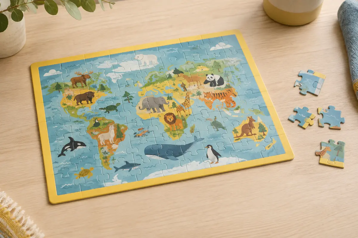 Puzzle cadre Ravensburger de 30 pièces sur les animaux du monde, assemblé avec quelques pièces sur une table claire.