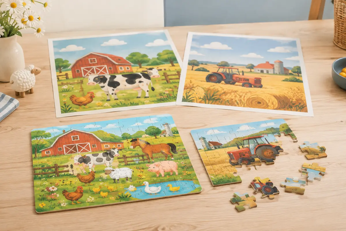 Deux puzzles pour enfants sur le thème de la ferme, avec leurs pièces et posters, sur une table en bois clair.