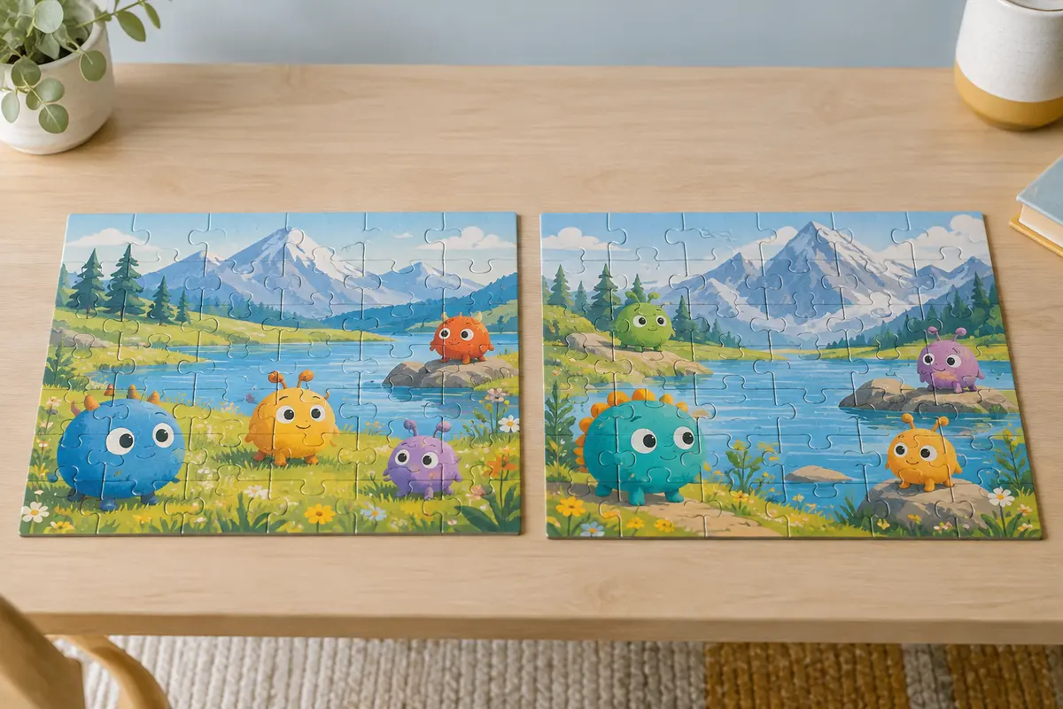 Deux puzzles enfant de vingt-quatre grosses pièces assemblés à plat, illustrés de créatures imaginaires dans des paysages colorés