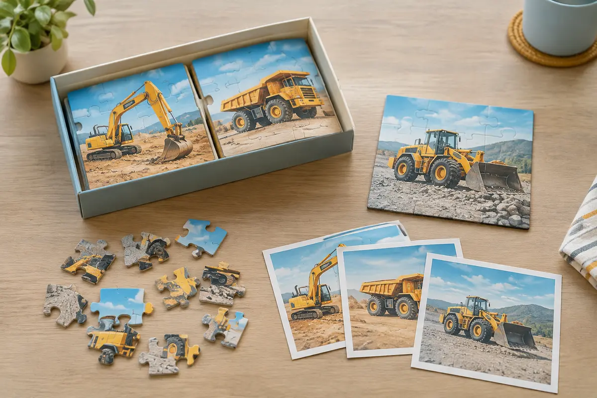 Trois puzzles carrés de véhicules de chantier et leurs posters, disposés sur une table en bois clair.
