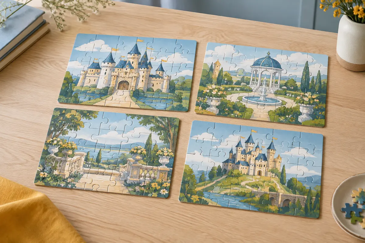 Quatre puzzles pour enfants aux couleurs de contes, assemblés sur une table en bois clair.