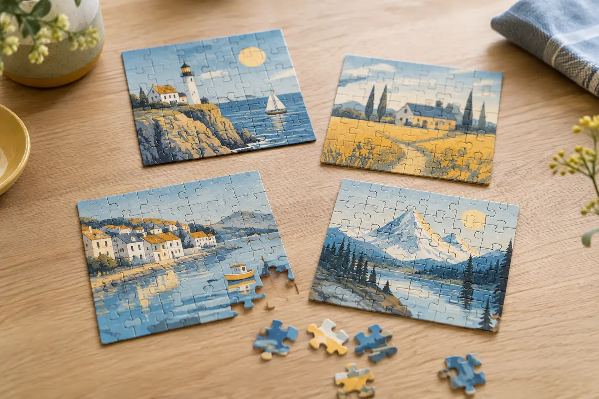 Quatre puzzles colorés du Roi Lion sur une table en bois clair, avec quelques pièces à assembler
