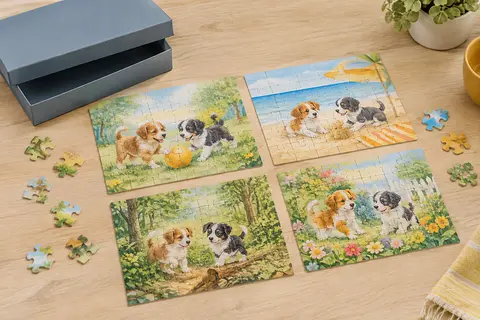 Quatre puzzles évolutifs illustrés de chiens à l’aquarelle et leur coffret uni ouvert, avec des pièces en carton sur une table en bois clair.