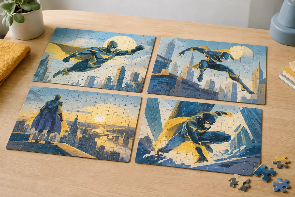 Quatre puzzles Spider-Man assemblés et quelques pièces en carton sur une table en bois clair.