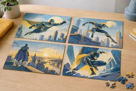 Quatre puzzles Spider-Man assemblés et quelques pièces en carton sur une table en bois clair.