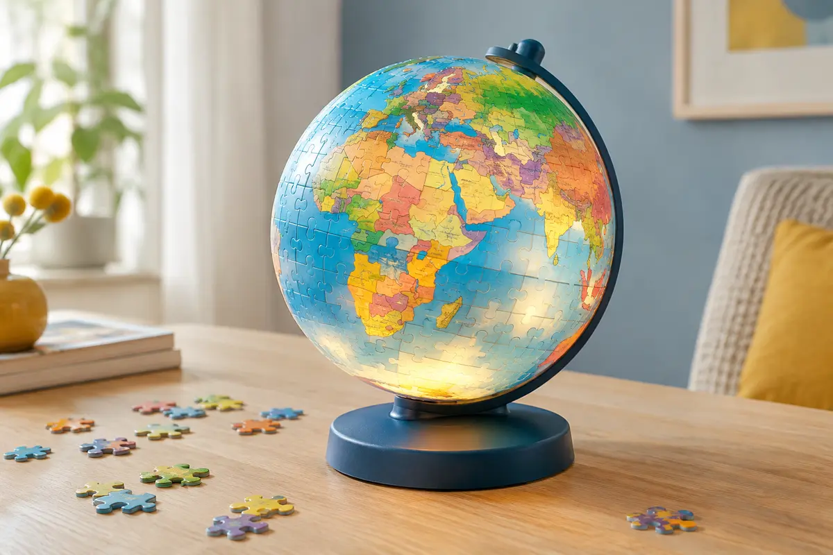 Globe puzzle 3D multicolore assemblé, éclairé et posé sur sa base pivotante sur une table en bois clair