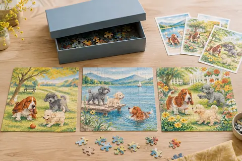Coffret ouvert de trois puzzles de 49 pièces illustrés de petits chiens à l’aquarelle, avec posters et pièces sur une table en bois clair.