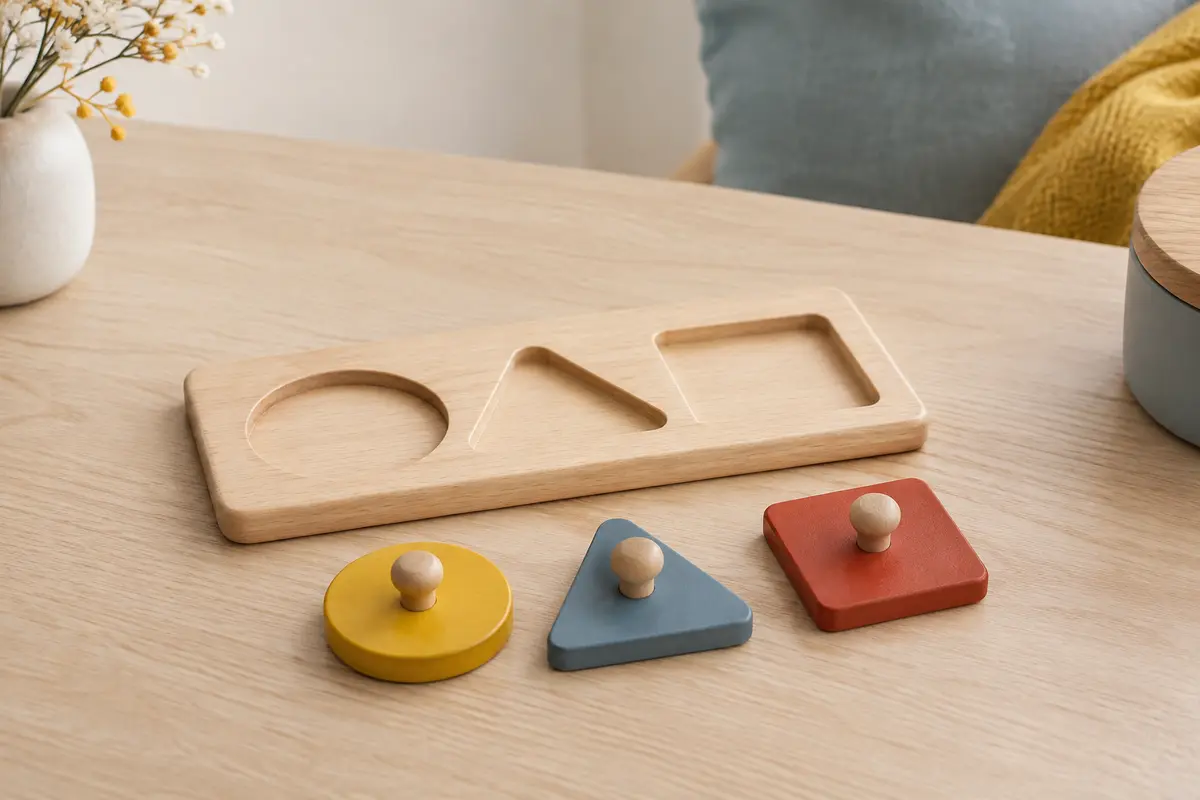 Puzzle à boutons en bois avec un plateau clair et trois pièces géométriques jaune, bleue et rouge