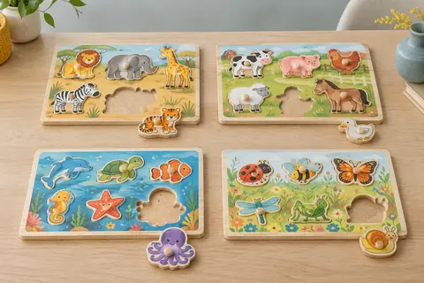 Quatre puzzles en bois à boutons, animaux sauvages, ferme, mer et insectes, chacun avec une case vide et sa pièce posée à côté
