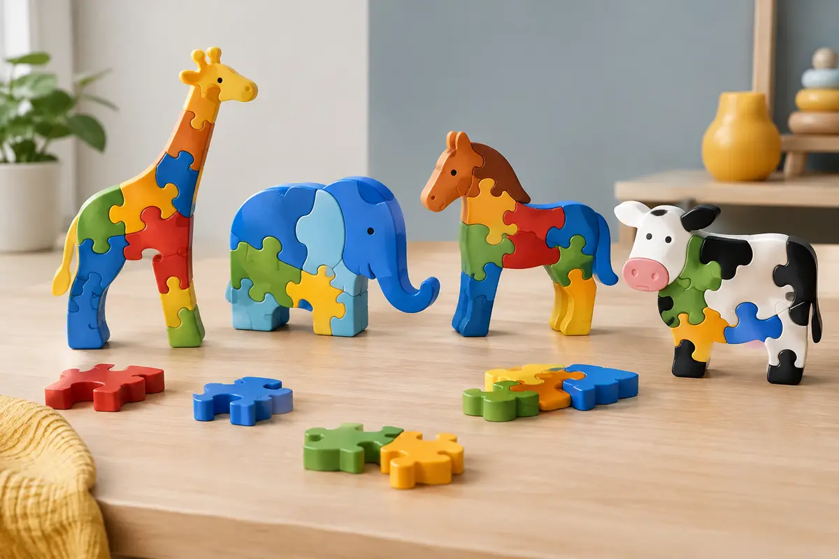 Pièces multicolores du puzzle magnétique représentant une girafe, un éléphant, un cheval et une vache