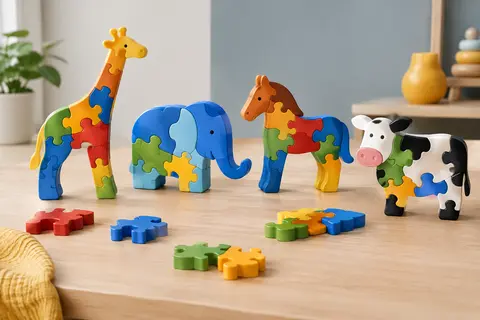 Pièces multicolores du puzzle magnétique représentant une girafe, un éléphant, un cheval et une vache
