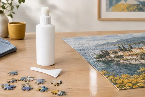 Flacon de colle pour puzzle avec embout éponge et raclette, près d’un puzzle assemblé sur une table claire.
