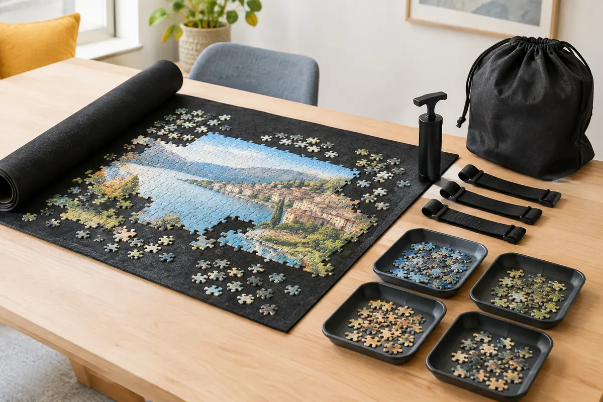 Tapis de puzzle noir en feutre avec son rouleau gonflable, ses quatre trieurs et son sac de rangement.