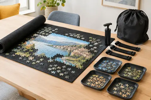 Tapis de puzzle noir en feutre avec son rouleau gonflable, ses quatre trieurs et son sac de rangement.