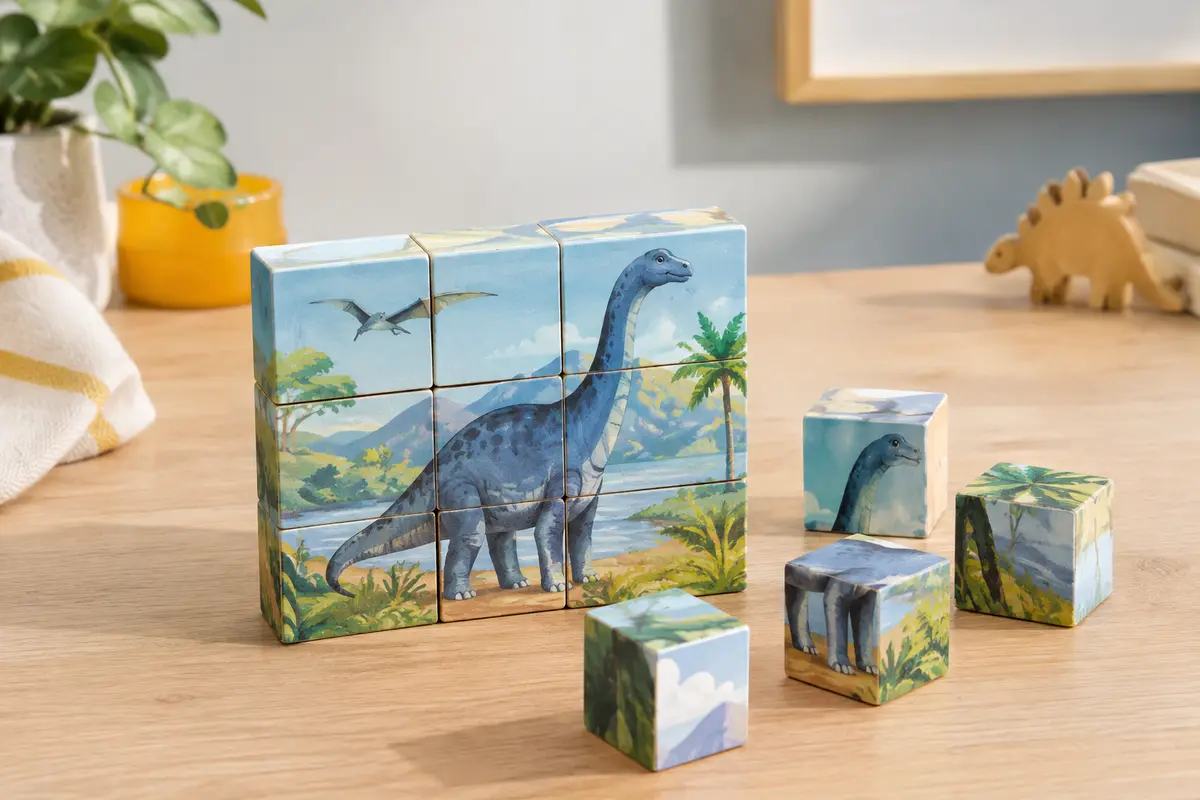 Puzzle magnétique de dinosaures composé de petits cubes illustrés, assemblé sur une table en bois clair.