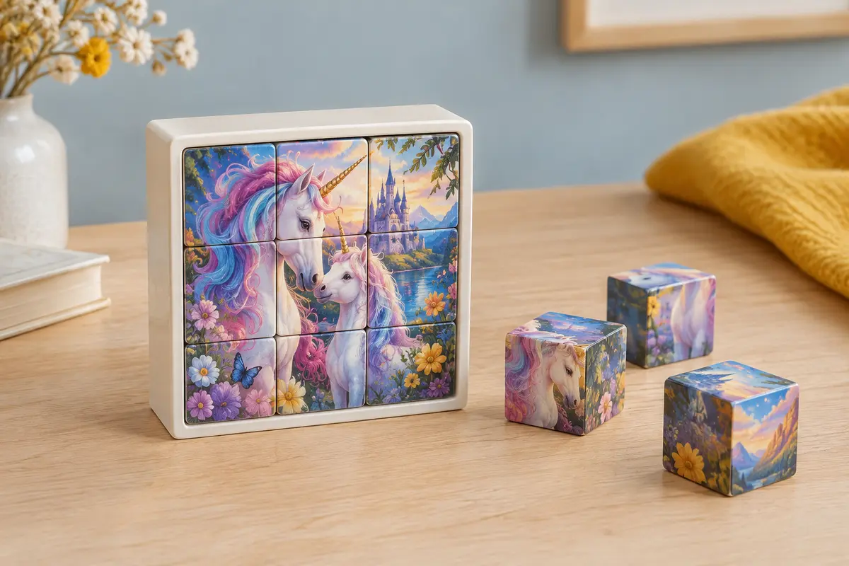 Puzzle à cubes magnétique assemblé dans son cadre, avec des blocs illustrés de licornes féeriques.