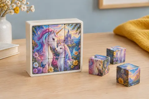 Puzzle à cubes magnétique assemblé dans son cadre, avec des blocs illustrés de licornes féeriques.