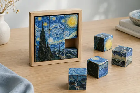 Puzzle magnétique à cubes illustrés, avec une image en cours d’assemblage et des blocs posés sur une table claire.