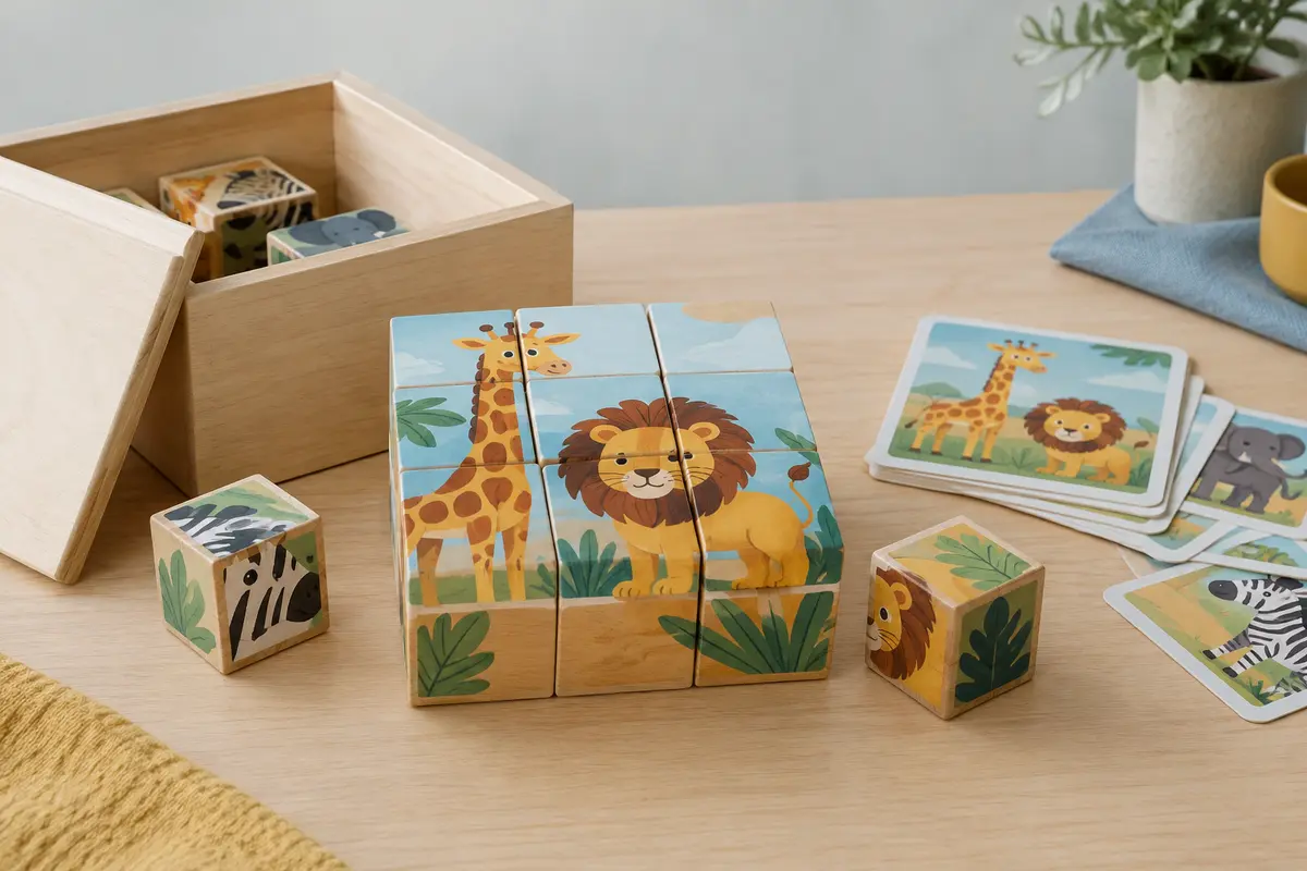 Neuf cubes en bois illustrés d’animaux sauvages avec cartes modèles et boîte de rangement ouverte