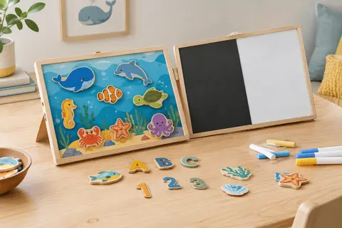 Puzzle magnétique en bois avec animaux marins, lettres et chiffres sur un tableau double face