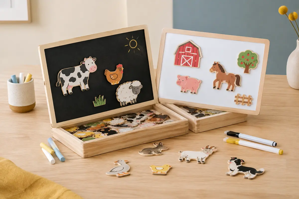 Coffret en bois ouvert avec tableau noir et blanc et pièces magnétiques d’animaux de la ferme