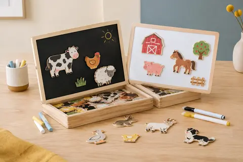 Coffret en bois ouvert avec tableau noir et blanc et pièces magnétiques d’animaux de la ferme