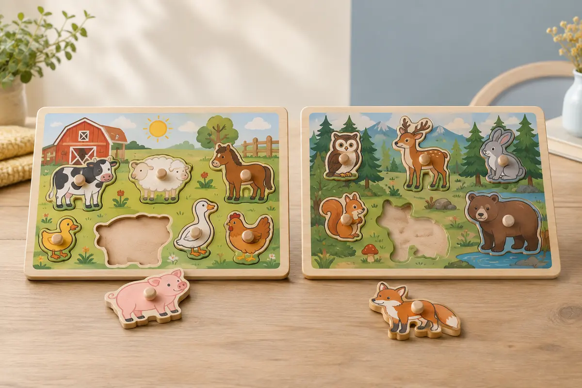 Deux puzzles en bois à boutons, ferme et forêt, le cochon et le renard posés devant leurs cases vides