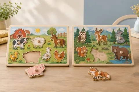 Deux puzzles en bois à boutons, ferme et forêt, le cochon et le renard posés devant leurs cases vides