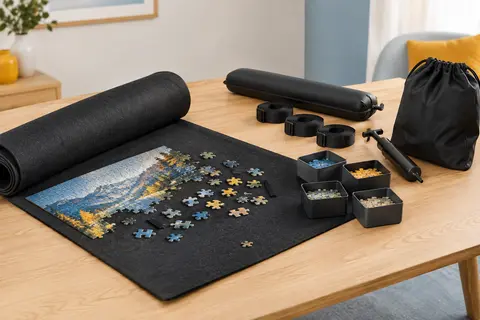 Tapis de puzzle noir en feutre avec tube, sangles, boîtes de tri, pompe et sac de rangement