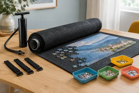Tapis de puzzle noir en feutre avec tube gonflable, pompe, attaches et quatre trieurs colorés
