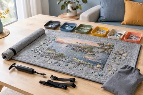 Tapis de puzzle gris en feutre avec pièces, plateaux de tri et accessoires de rangement sur une table en bois