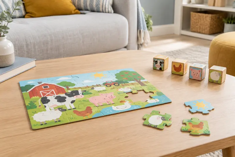 Puzzle enfant à grosses pièces aux animaux de la ferme en cours d’assemblage, avec quatre cubes à images sur une table basse claire.
