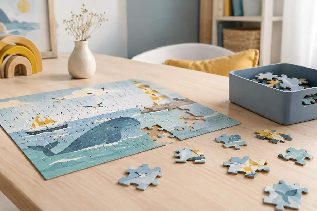 Puzzle en cours d’assemblage et pièces disposées sur une table claire, dans une ambiance douce aux tons crème et bleu grisé.